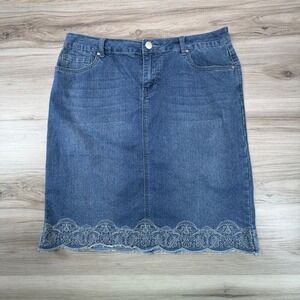 Blue Identity Denim Skirt‎ Women Size 10 Embroidered Lace Hem Knee Length